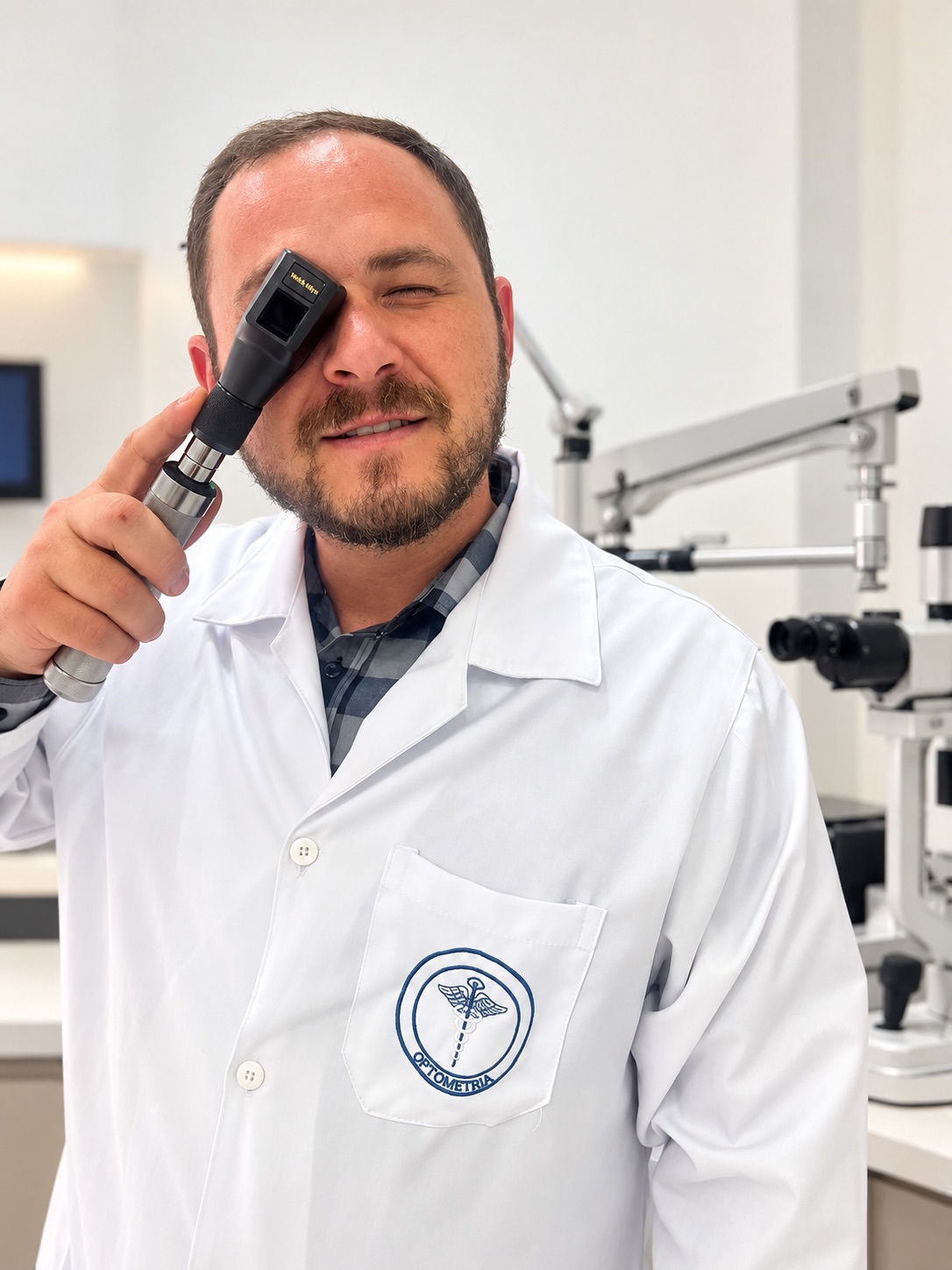 Gabriel Baumann realizando exame com oftalmoscópio